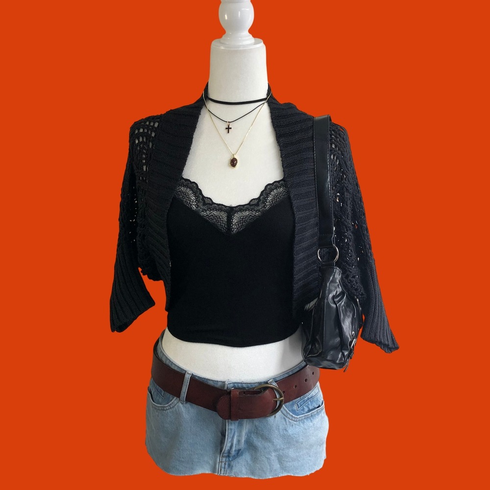 Vintage Y2K J. Basics Black Open Knit Crochet Cropped Shrug Cardigan Large